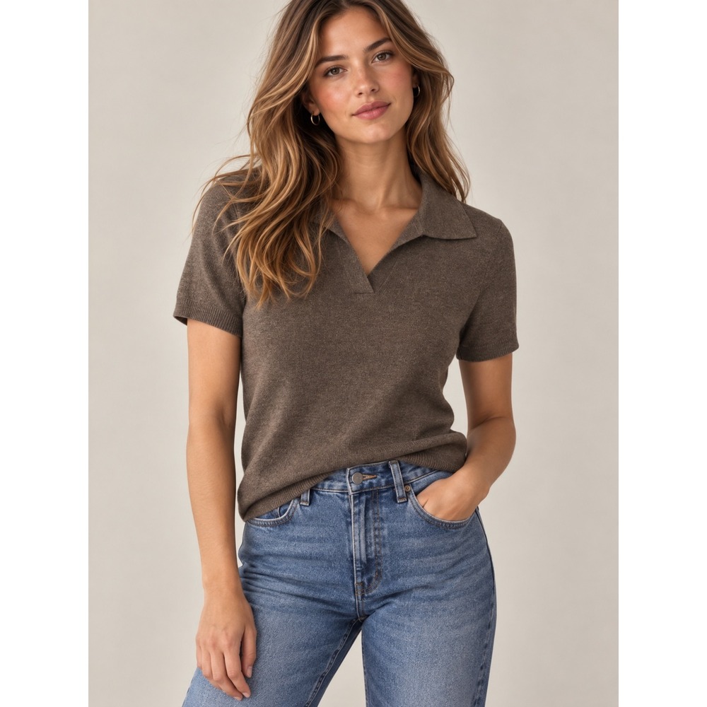 ARACH&CLOZ Brown Solid Wool Blend Short Sleeve Polo Sweater, S